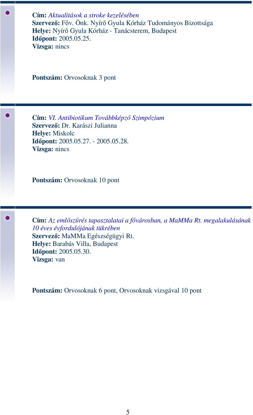 Pontszám: Orvosoknak 3 pont Cím: VI. Antibiotikum Továbbképző Szimpózium Szervező: Dr. Karászi Julianna Helye: Miskolc Időpont: 2005.05.27.