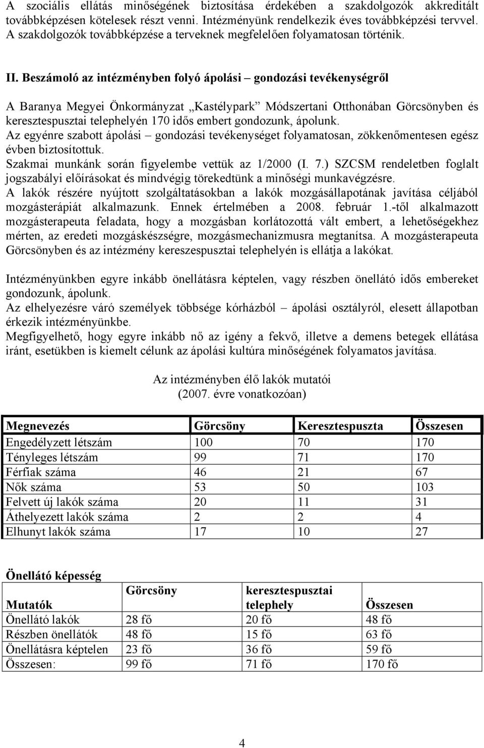 Beszámoló az intézményben folyó ápolási gondozási tevékenységről A Baranya Megyei Önkormányzat Kastélypark Módszertani Otthonában Görcsönyben és keresztespusztai telephelyén 170 idős embert