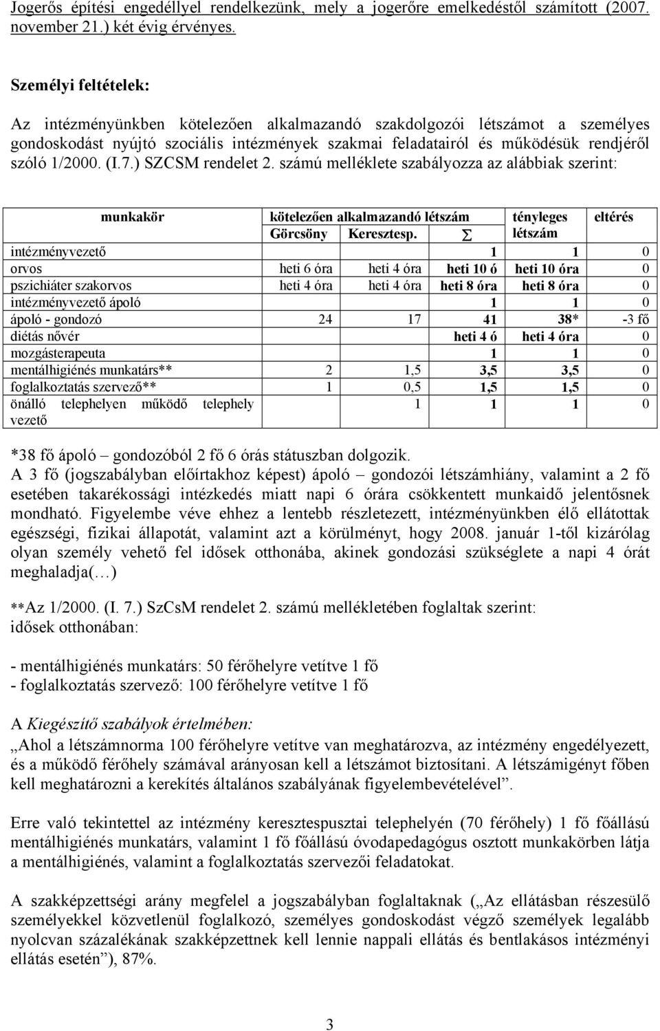(I.7.) SZCSM rendelet 2. számú melléklete szabályozza az alábbiak szerint: munkakör kötelezően alkalmazandó létszám tényleges eltérés Görcsöny Keresztesp.