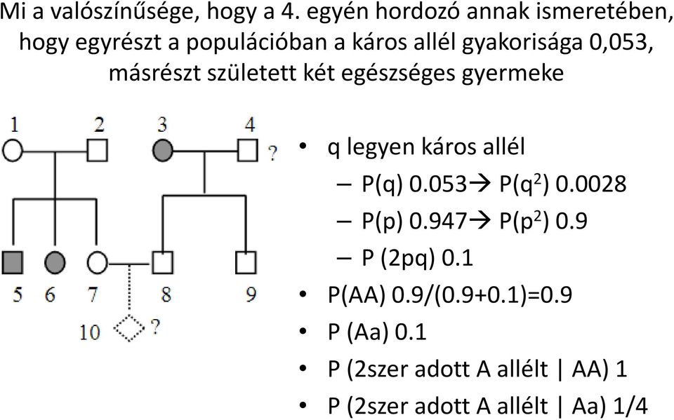 gyakorisága 0,053, másrészt született két egészséges gyermeke q legyen káros allél