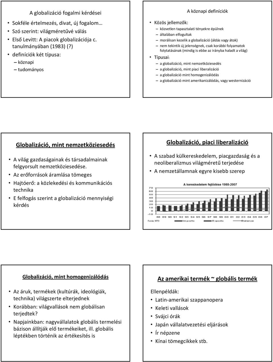 tekintik új jelenségnek, csak korábbi folyamatok folytatásának (mindig is ebbe az irányba haladt a világ) Típusai: a globalizáció, mint nemzetköziesedés a globalizáció, mint piaci liberalizáció a