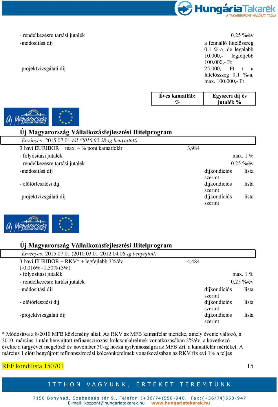 1 - rendelkezésre tartási jutalék 0,25 /év -módosítási díj díjkondíciós lista - előtörlesztési díj díjkondíciós lista -projektvizsgálati díj díjkondíciós lista Új Magyarország Vállalkozásfejlesztési