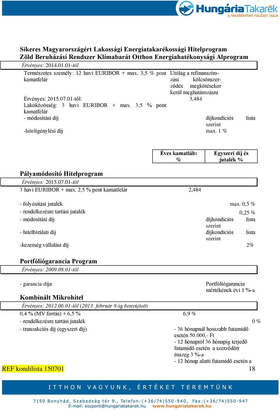 3,5 pont kamatfelár Utólag a refinanszírozási kölcsönszerződés megkötésekor kerül meghatározásra 3,484 - módosítási díj díjkondíciós lista -hiteligénylési díj max.