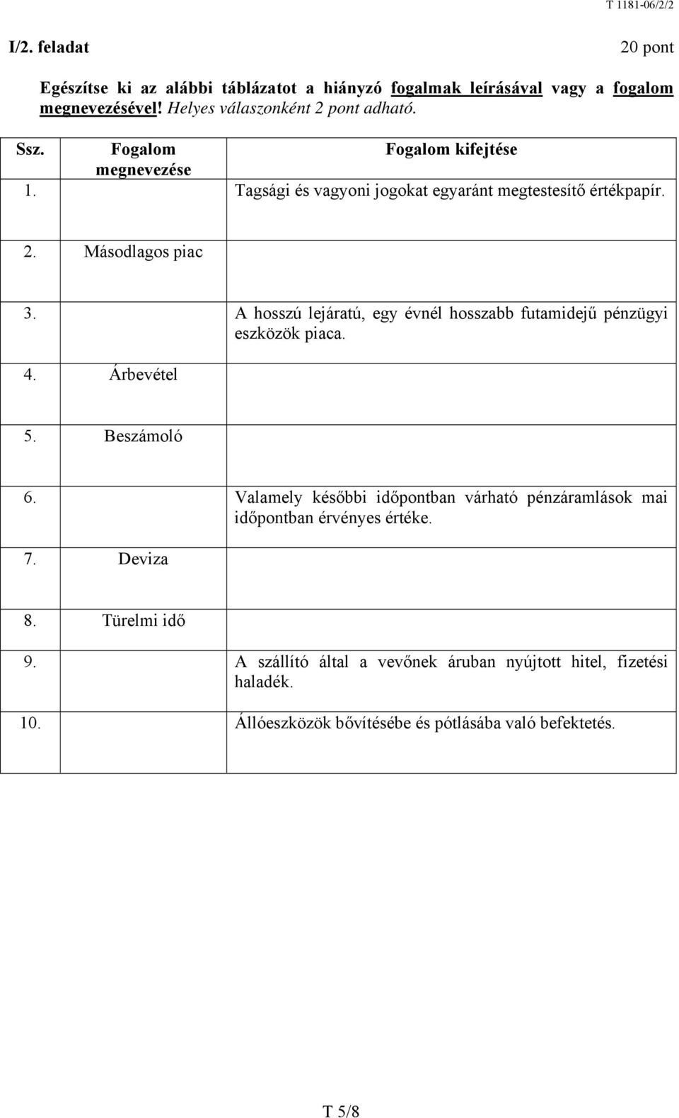 A hosszú lejáratú, egy évnél hosszabb futamidejű pénzügyi eszközök piaca. 4. Árbevétel 5. Beszámoló 6.