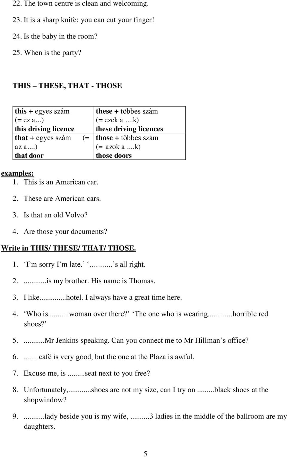 This is an American car. 2. These are American cars. 3. Is that an old Volvo? 4. Are those your documents? Write in THIS/ THESE/ THAT/ THOSE. 1. I m sorry I m late.... s all right. 2....is my brother.