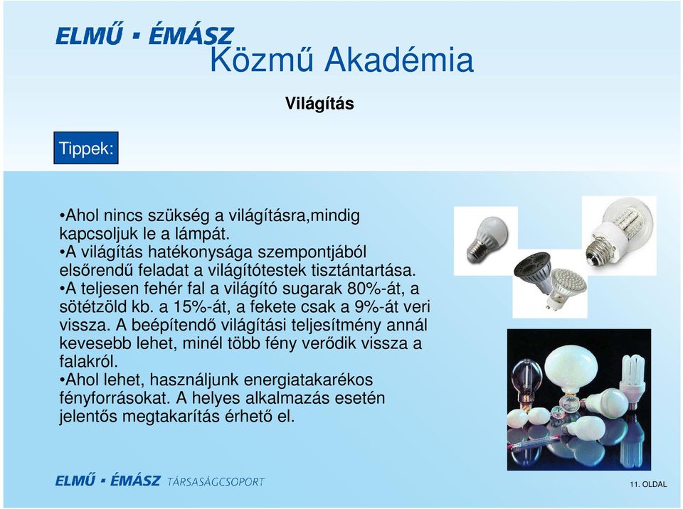 A teljesen fehér fal a világító sugarak 80%-át, a sötétzöld kb. a 15%-át, a fekete csak a 9%-át veri vissza.