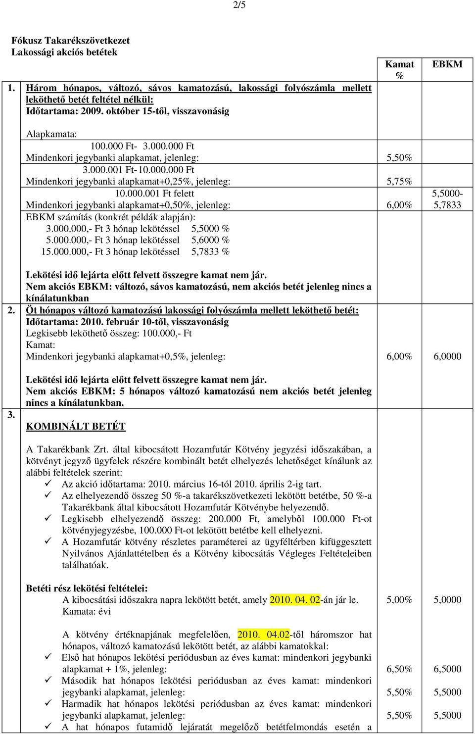 000.001 Ft felett Mindenkri jegybanki alapkamat+0,50%, jelenleg: 6,00% EBKM számítás (knkrét példák alapján): 3.000.000,- Ft 3 hónap lekötéssel 5,5000 % 5.000.000,- Ft 3 hónap lekötéssel 5,6000 % 15.