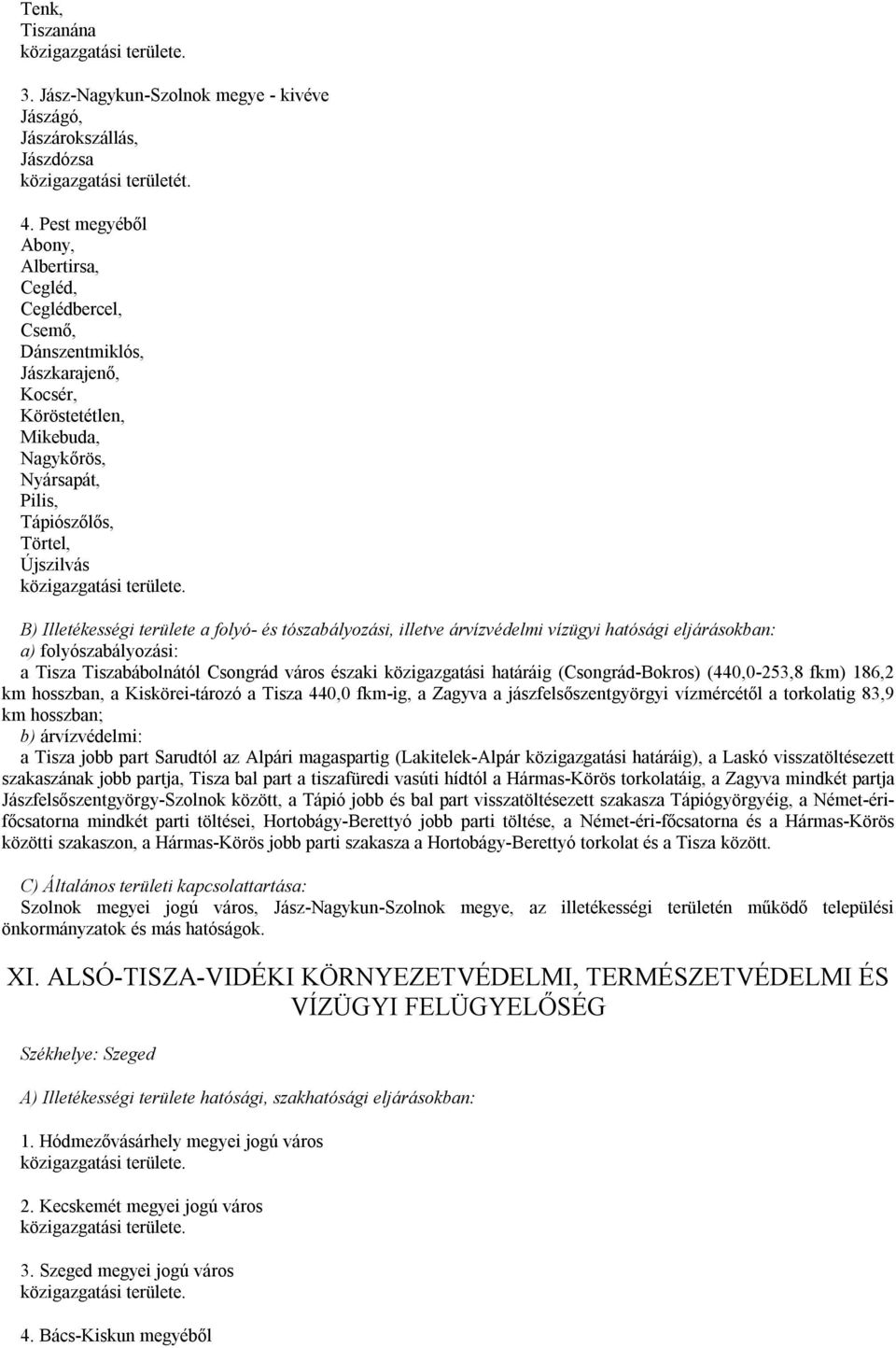 Illetékességi területe a folyó- és tószabályozási, illetve árvízvédelmi vízügyi hatósági eljárásokban: a) folyószabályozási: a Tisza Tiszabábolnától Csongrád város északi közigazgatási határáig
