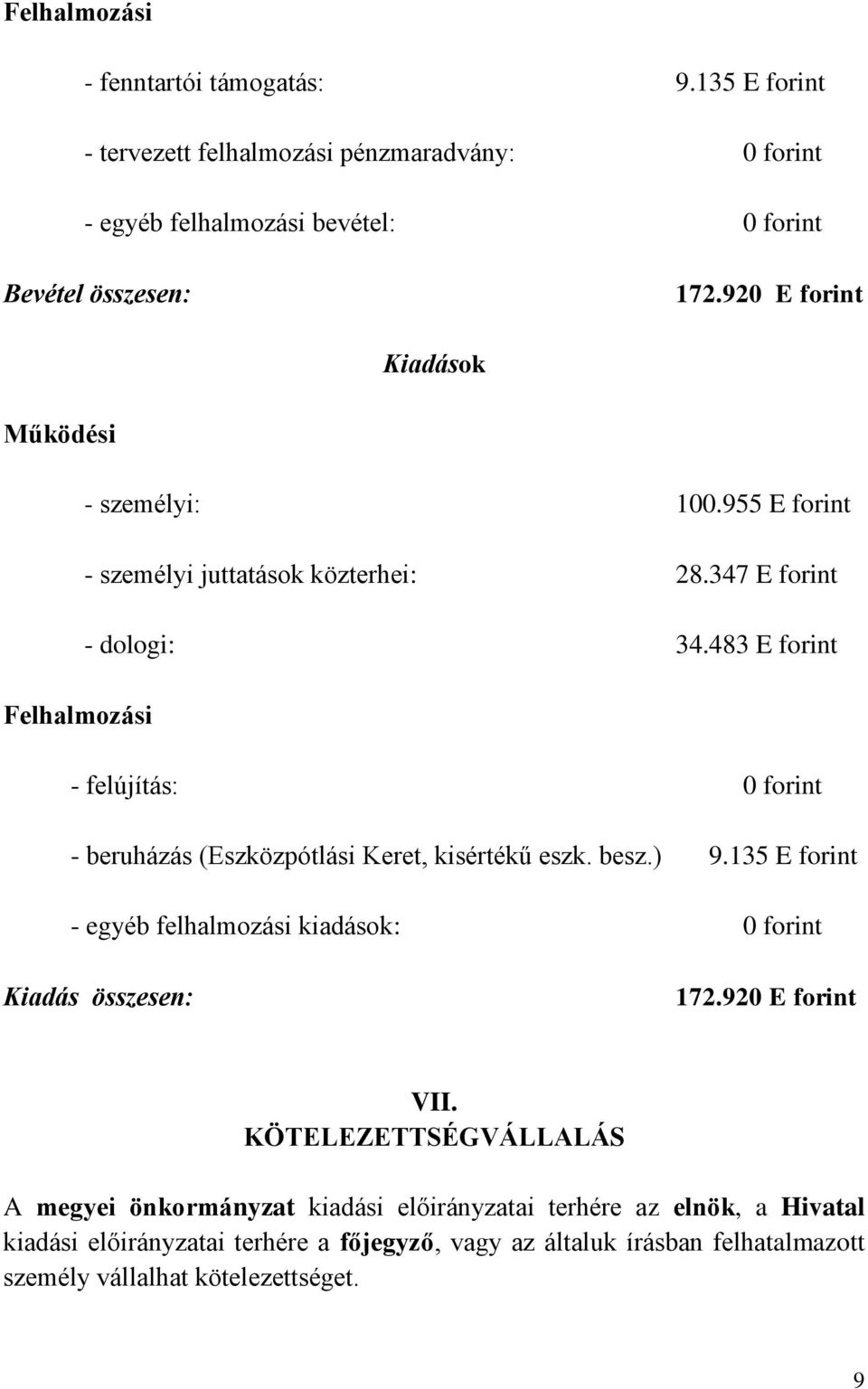 483 E forint Felhalmozási - felújítás: 0 forint - beruházás (Eszközpótlási Keret, kisértékű eszk. besz.) 9.