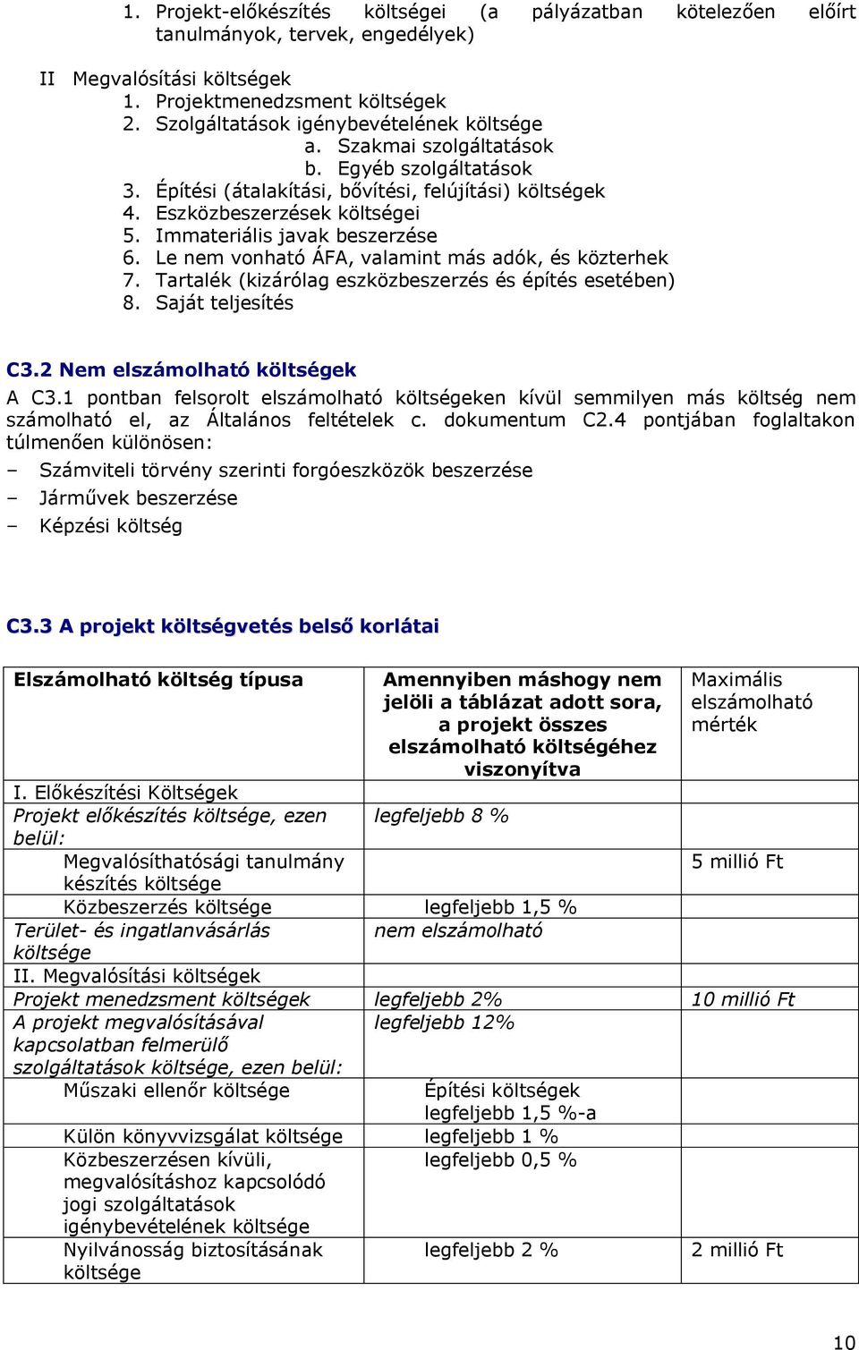 Immateriális javak beszerzése 6. Le nem vonható ÁFA, valamint más adók, és közterhek 7. Tartalék (kizárólag eszközbeszerzés és építés esetében) 8. Saját teljesítés C3.