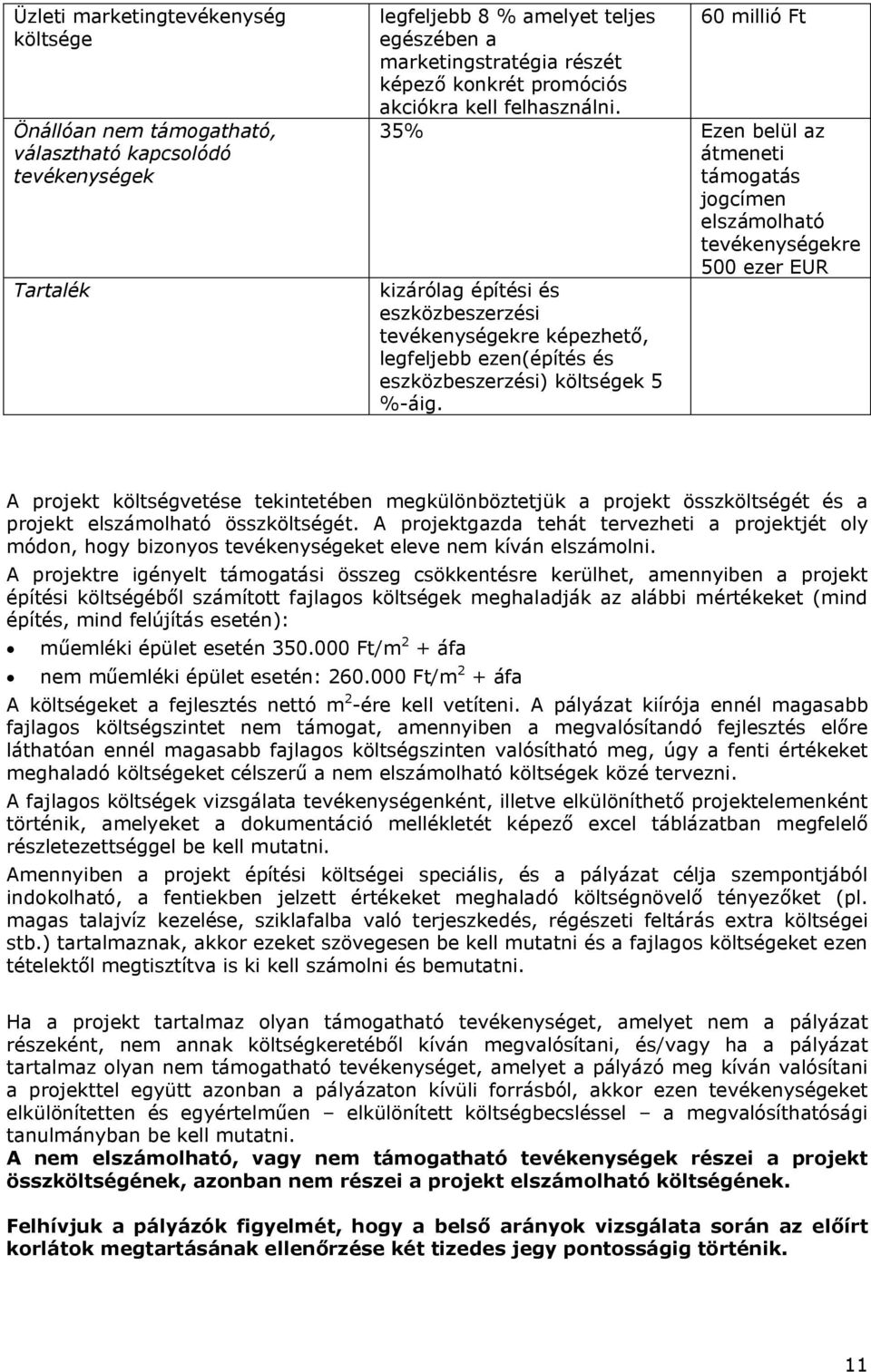 35% Ezen belül az átmeneti támogatás jogcímen elszámolható tevékenységekre kizárólag építési és eszközbeszerzési tevékenységekre képezhető, legfeljebb ezen(építés és eszközbeszerzési) költségek 5