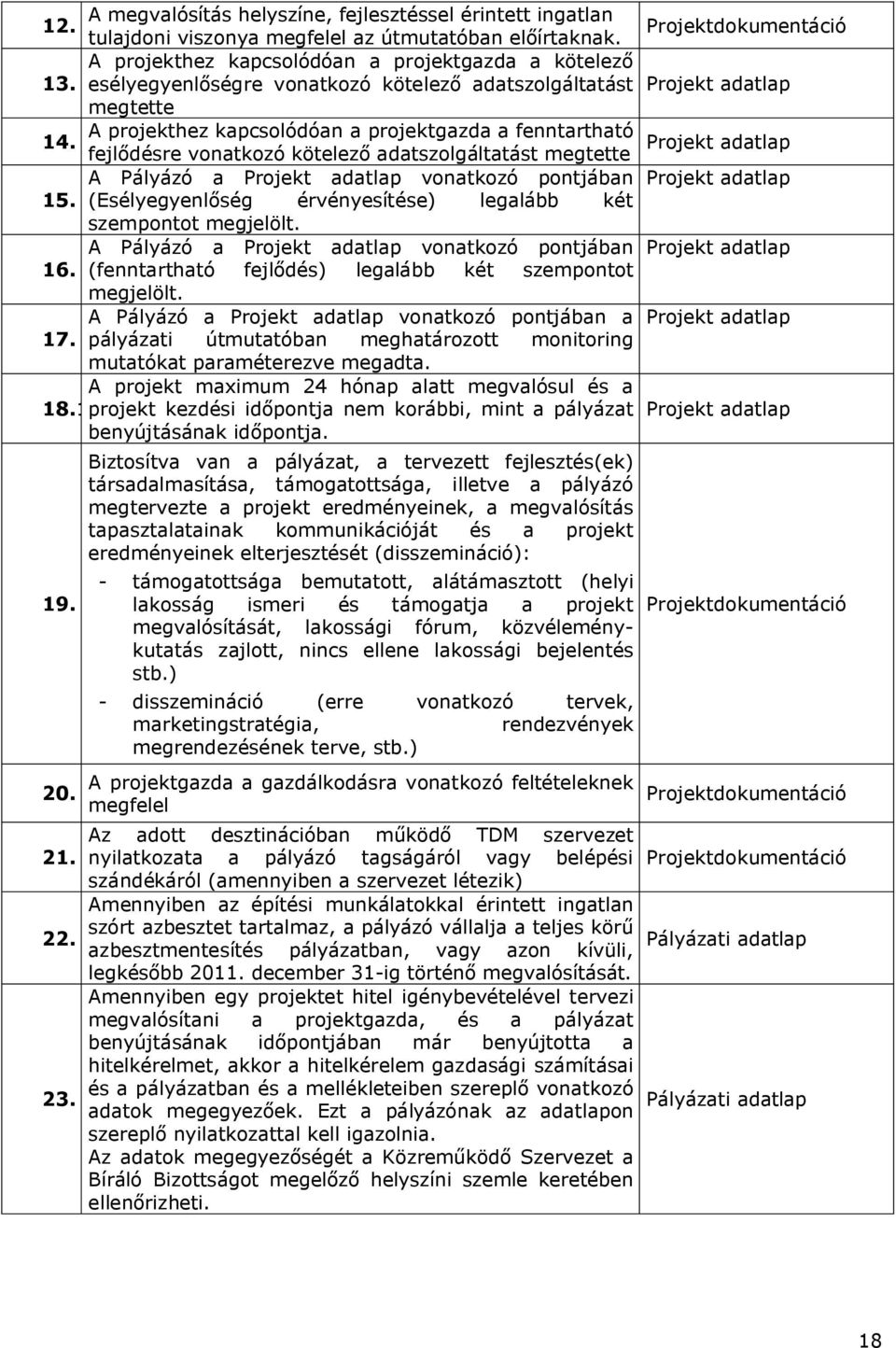 Projekt adatlap fejlődésre vonatkozó kötelező adatszolgáltatást megtette A Pályázó a Projekt adatlap vonatkozó pontjában Projekt adatlap 15.
