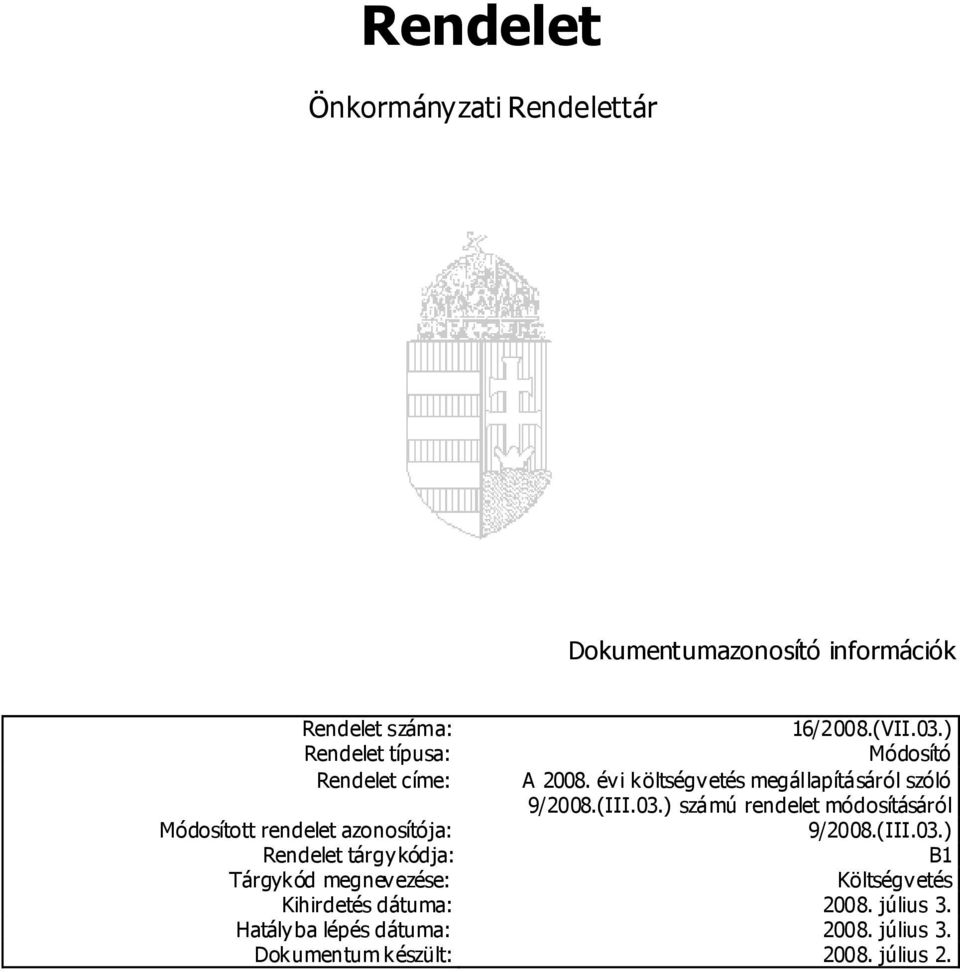 ) számú rendelet módosításáról Módosított rendelet azonosítója: 9/2008.(III.03.