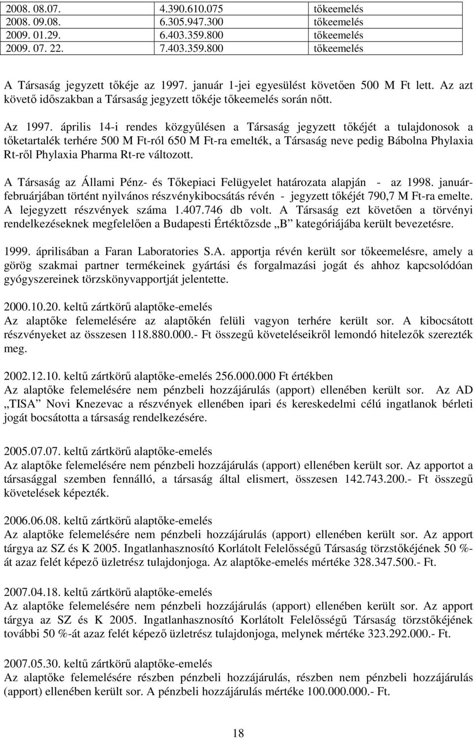 április 14-i rendes közgyőlésen a Társaság jegyzett tıkéjét a tulajdonosok a tıketartalék terhére 500 M Ft-ról 650 M Ft-ra emelték, a Társaság neve pedig Bábolna Phylaxia Rt-rıl Phylaxia Pharma Rt-re