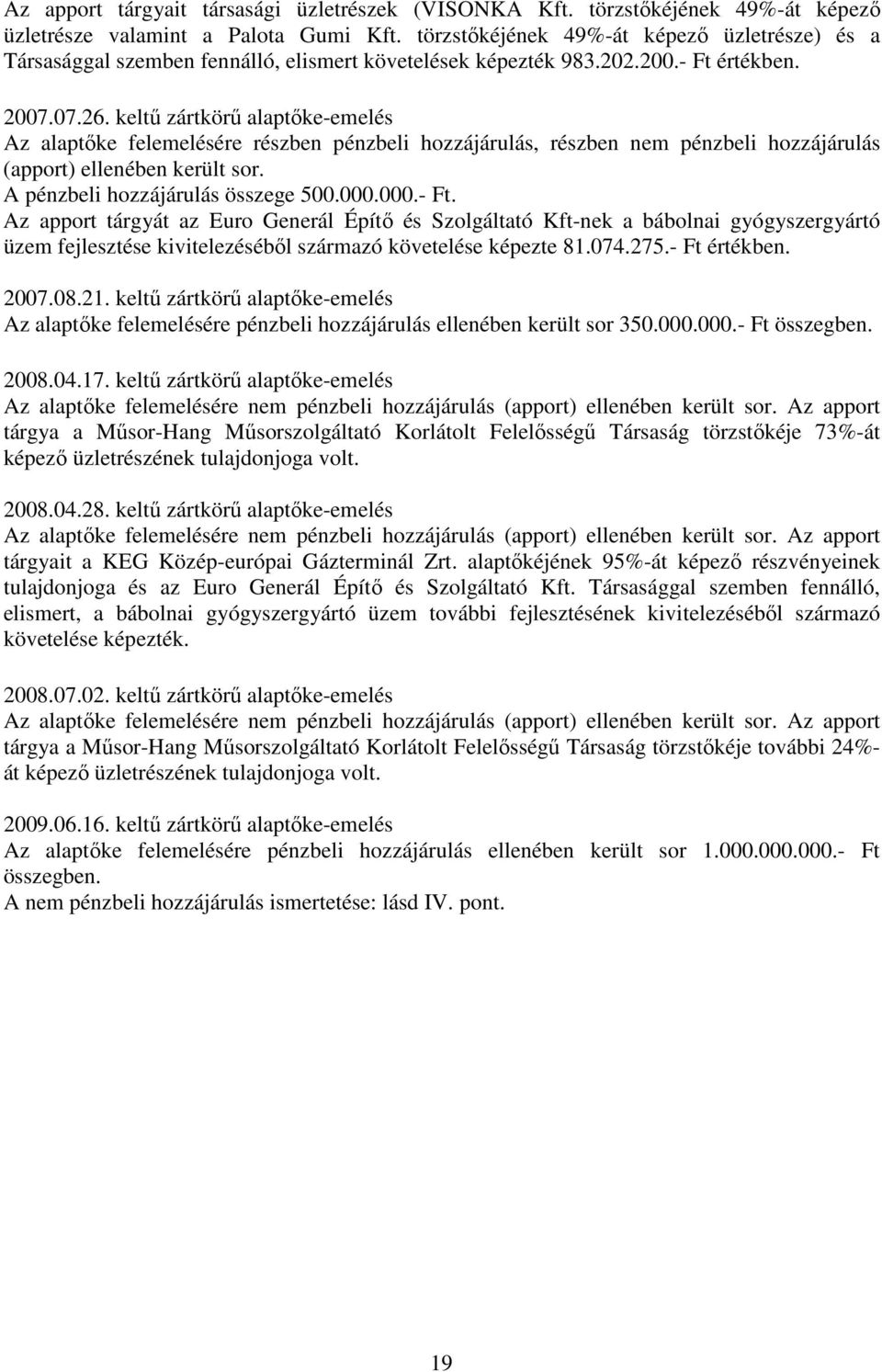 keltő zártkörő alaptıke-emelés Az alaptıke felemelésére részben pénzbeli hozzájárulás, részben nem pénzbeli hozzájárulás (apport) ellenében került sor. A pénzbeli hozzájárulás összege 500.000.000.- Ft.