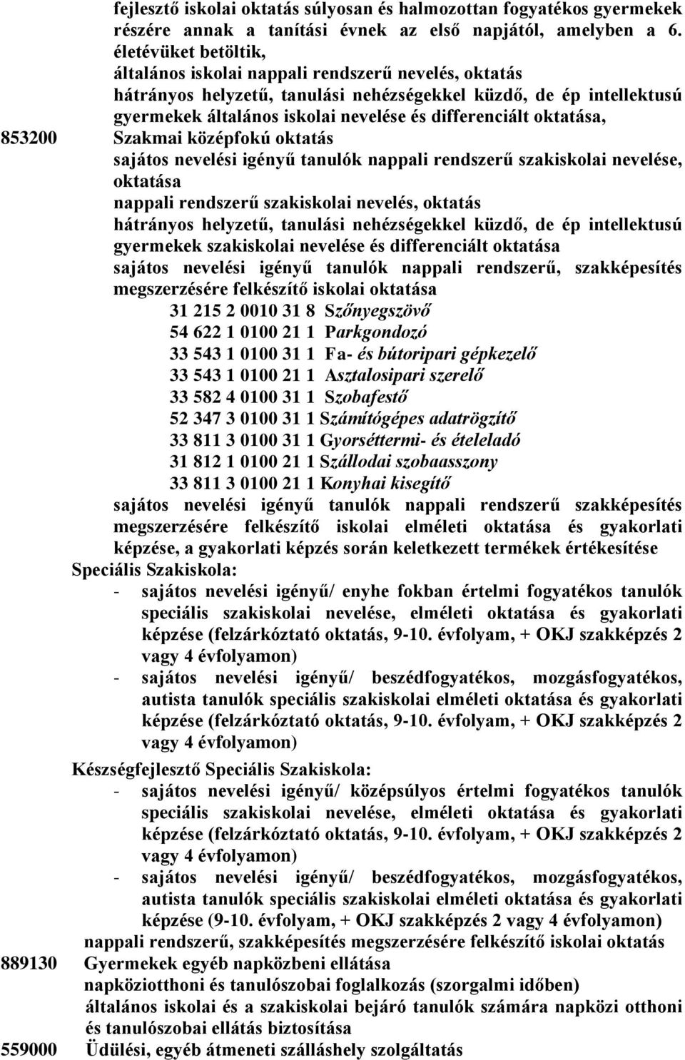 oktatása, 853200 Szakmai középfokú oktatás sajátos nevelési igényű tanulók nappali rendszerű szakiskolai nevelése, oktatása nappali rendszerű szakiskolai nevelés, oktatás hátrányos helyzetű, tanulási