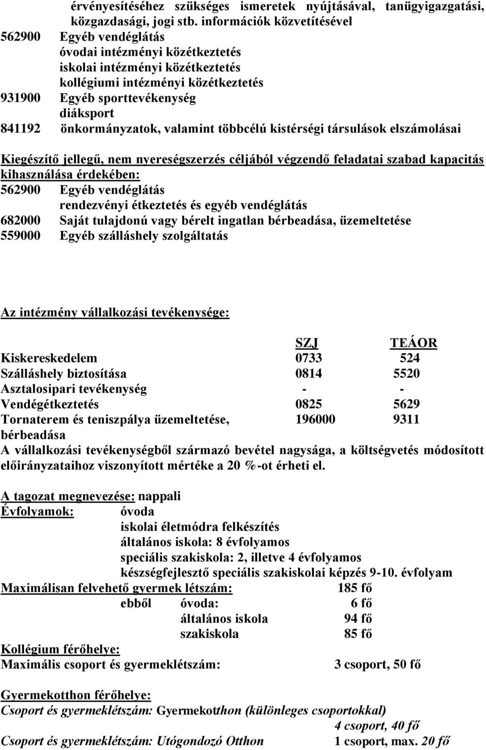 önkormányzatok, valamint többcélú kistérségi társulások elszámolásai Kiegészítő jellegű, nem nyereségszerzés céljából végzendő feladatai szabad kapacitás kihasználása érdekében: 562900 Egyéb