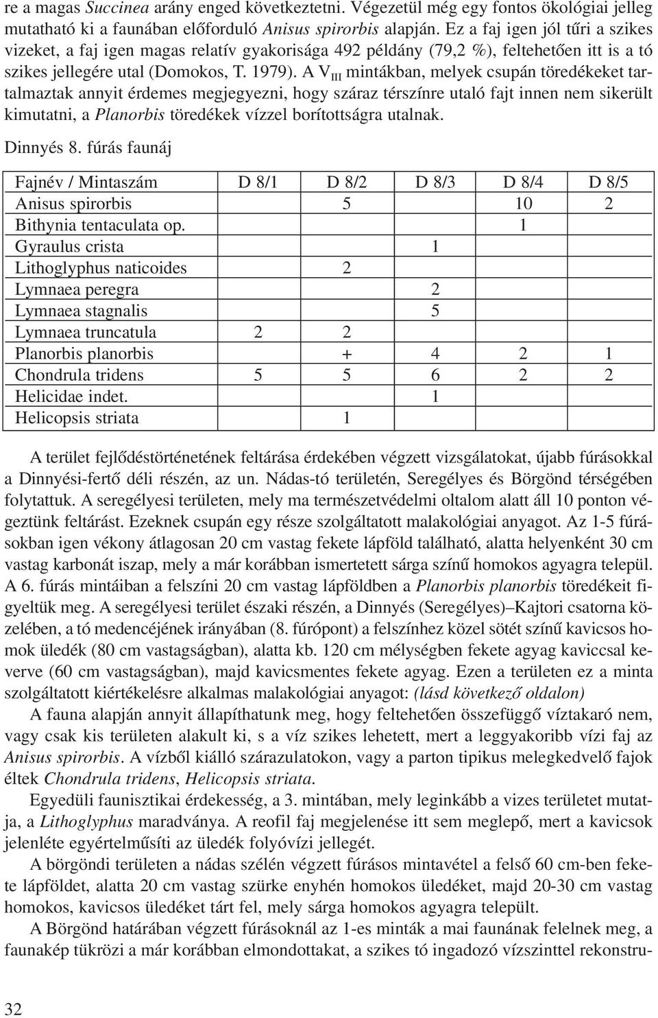 A V III mintákban, melyek csupán töredékeket tartalmaztak annyit érdemes megjegyezni, hogy száraz térszínre utaló fajt innen nem sikerült kimutatni, a Planorbis töredékek vízzel borítottságra utalnak.