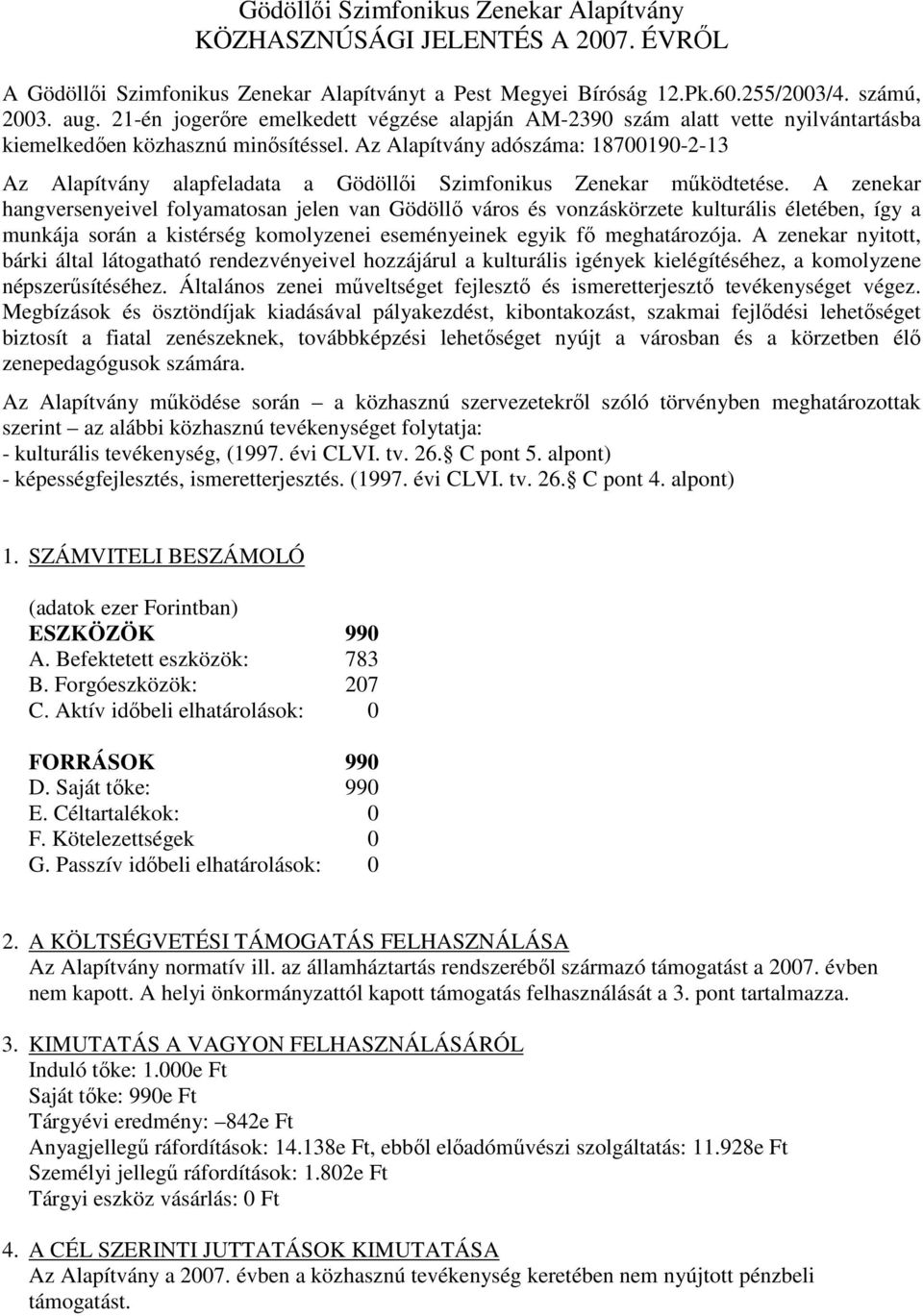 Az Alapítvány adószáma: 18700190-2-13 Az Alapítvány alapfeladata a Gödöllıi Szimfonikus Zenekar mőködtetése.
