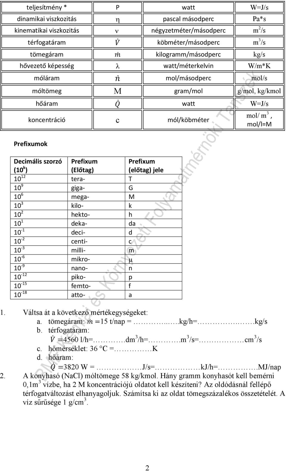 0 ekto- 0 deka- da 0 - deci- d 0 - centi- c 0 - illi- 0-6 ikro- µ 0-9 nano- n 0 - piko- p 0-5 feto- f 0-8 atto- a ol/, ol/lm. Válta át a következő értékegyégeket: a. töegára: 5 t/nap..../../ b.