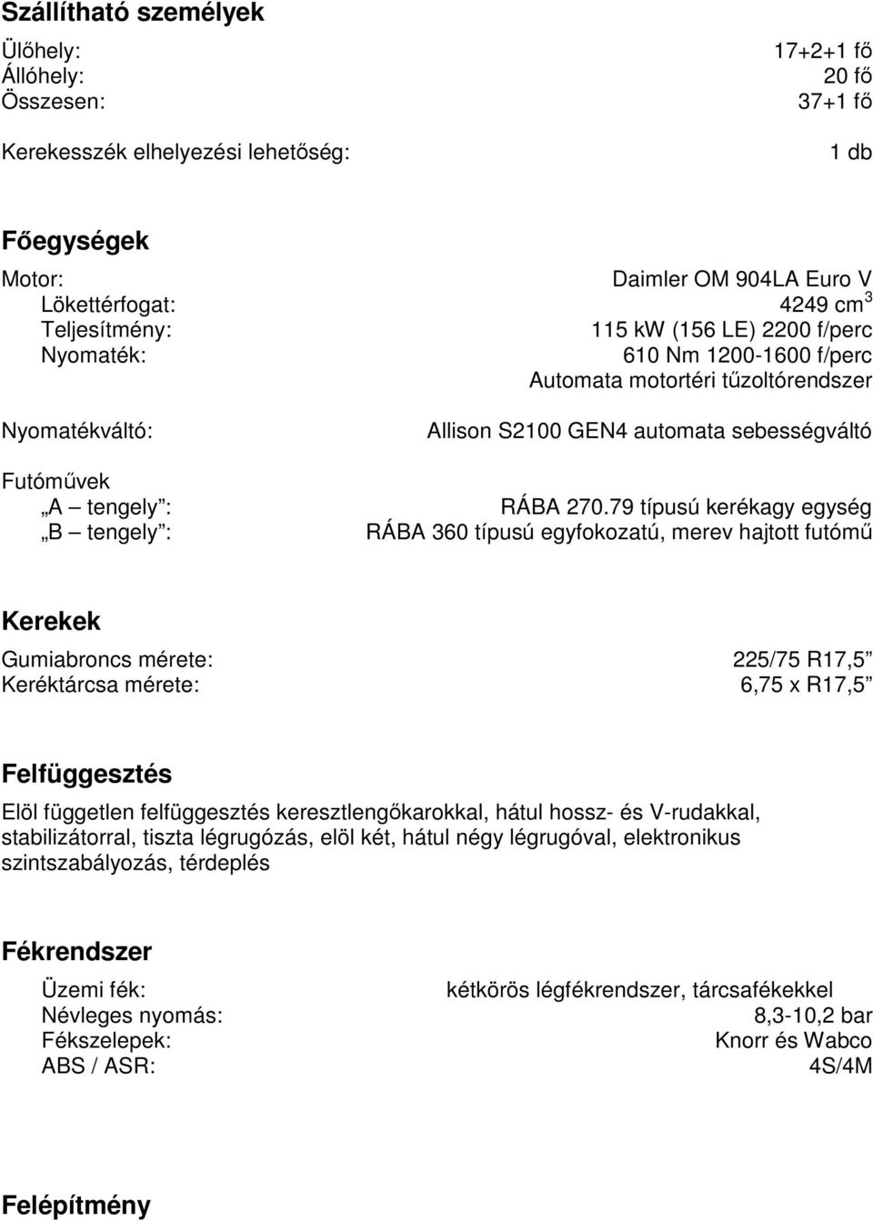 79 típusú kerékagy egység B tengely : RÁBA 360 típusú egyfokozatú, merev hajtott futómű Kerekek Gumiabroncs mérete: Keréktárcsa mérete: 225/75 R17,5 6,75 x R17,5 Felfüggesztés Elöl független