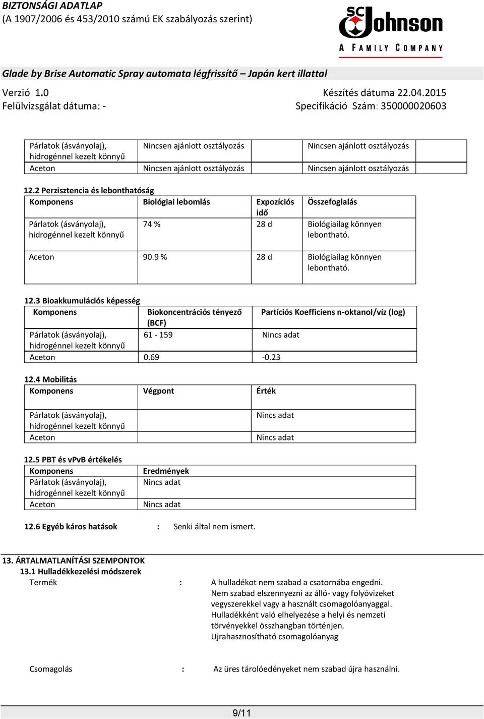 3 Bioakkumulációs képesség Komponens Biokoncentrációs tényező Partíciós Koefficiens n-oktanol/víz (log) (BCF) 61-159 Nincs adat Aceton 0.69-0.23 12.