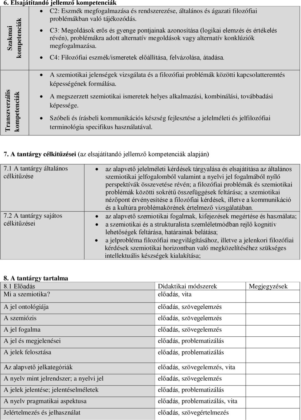 C4: Filozófiai eszmék/ismeretek előállítása, felvázolása, átadása. A szemiotikai jelenségek vizsgálata és a filozófiai problémák közötti kapcsolatteremtés képességének formálása.