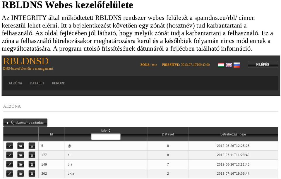 Az oldal fejlécében jól látható, hogy melyik zónát tudja karbantartani a felhasználó.