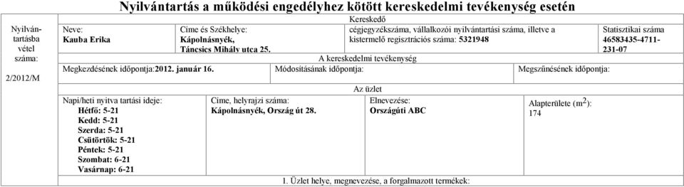 Módosításának időpontja: Megszűnésének időpontja: Napi/heti nyitva tartási ideje: Hétfő: 5-21 Kedd: 5-21 Szerda: 5-21 Csütörtök: 5-21 Péntek: 5-21 Szombat: 6-21 Vasárnap: 6-21 Címe,