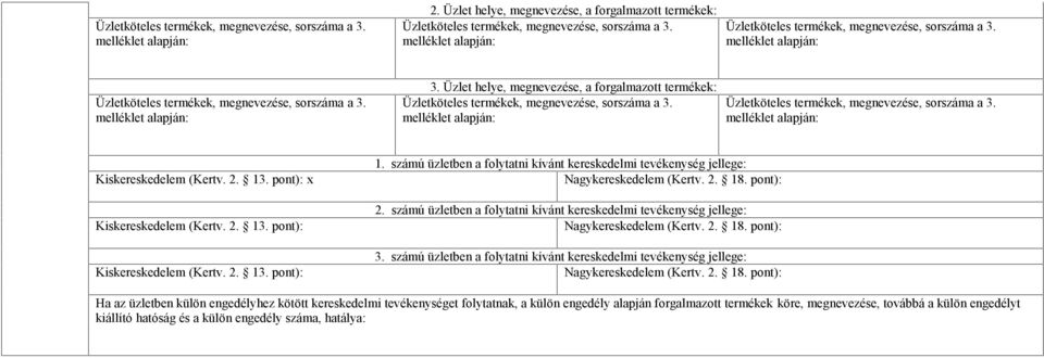 számú üzletben a folytatni kívánt kereskedelmi tevékenység jellege: 3.