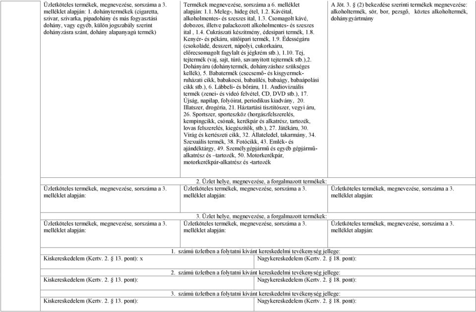 Cukrászati készítmény, édesipari termék, 1.8. Kenyér- és pékáru, sütőipari termék, 1.9. Édességáru (csokoládé, desszert, nápolyi, cukorkaáru, előrecsomagolt fagylalt és jégkrém stb.), 1.10.