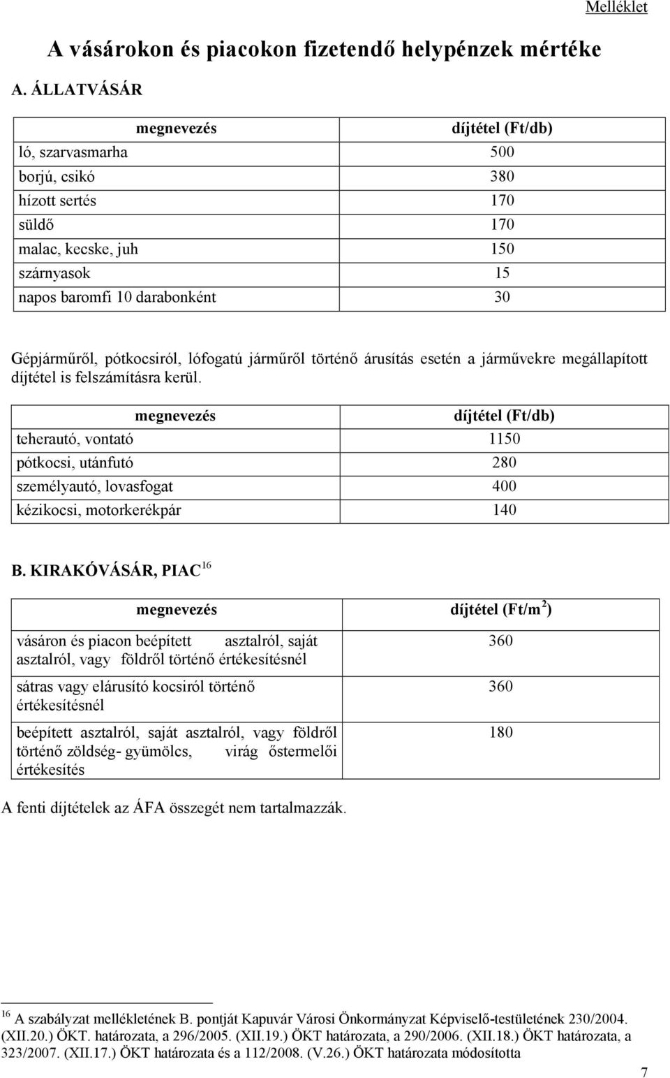 pótkocsiról, lófogatú járműről történő árusítás esetén a járművekre megállapított díjtétel is felszámításra kerül.