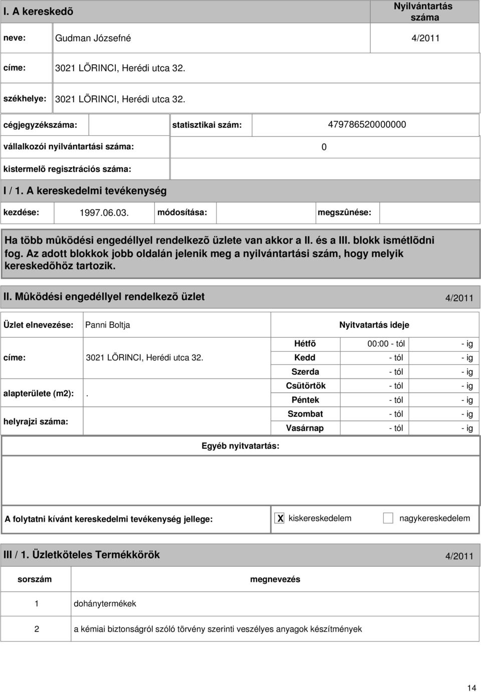 módosítása: megszûnése: II. Mûködési engedéllyel rendelkezõ üzlet 4/011 Panni Boltja címe: 301 LÕRINCI, Herédi utca 3.