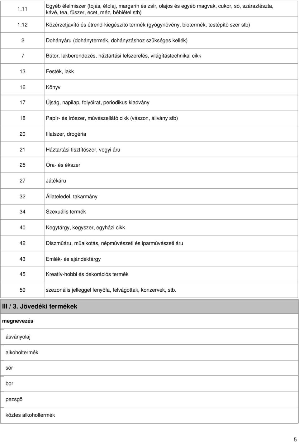 (gyógynövény, biotermék, testépítõ szer stb) 7 Dohányáru (dohánytermék, dohányzáshoz szükséges kellék) Bútor, lakberendezés, háztartási felszerelés, világítástechnikai cikk 13 Festék, lakk 16 17