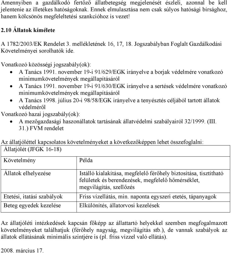 Jogszabályban Foglalt Gazdálkodási Követelményei sorolhatók ide. A Tanács 1991. november 19-i 91/629/EGK irányelve a borjak védelmére vonatkozó minimumkövetelmények megállapításáról A Tanács 1991.