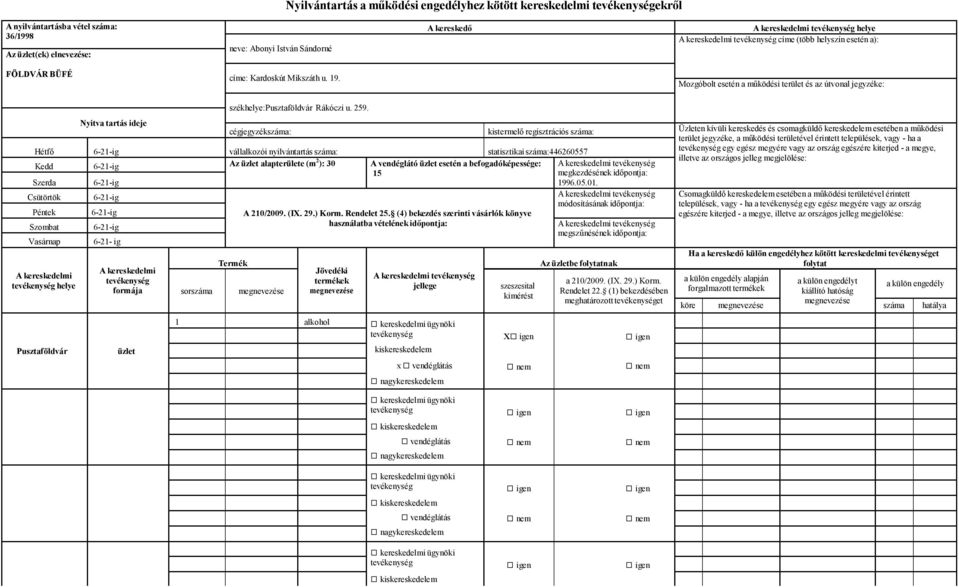 Hétfő 6-21-ig vállalkozói nyilvántartás száma: statisztikai száma:446260557 Kedd 6-21-ig Az alapterülete (m 2 ): 30 A vendéglátó esetén a befogadóképessége: 15 Szerda 6-21-ig 1996.05.01.