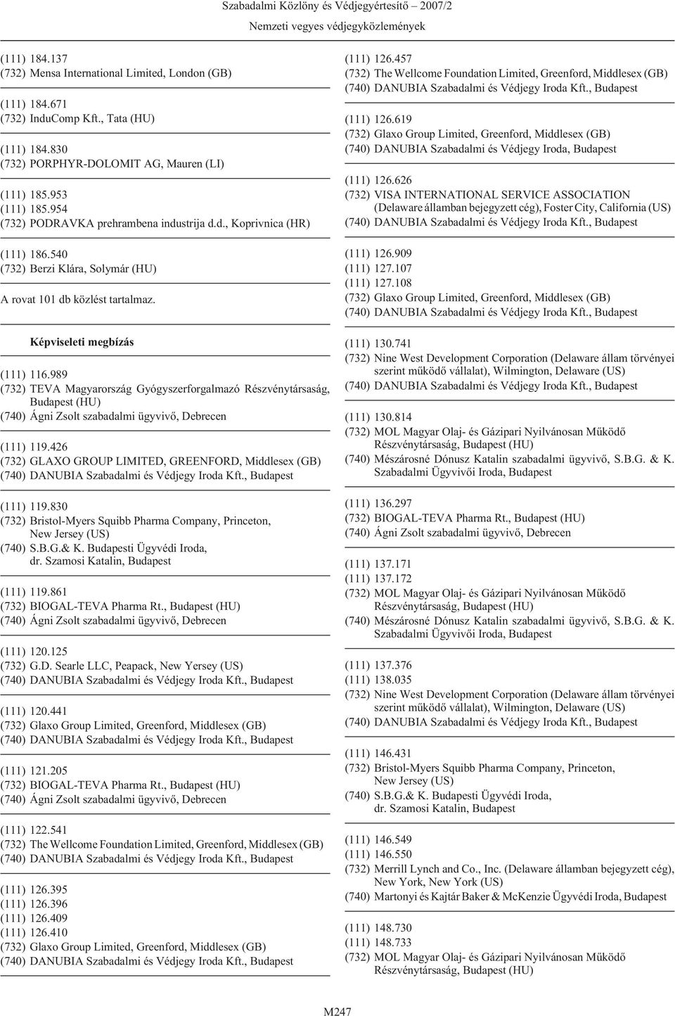 989 (732) TEVA Magyarország Gyógyszerforgalmazó Részvénytársaság, Budapest (HU) (111) 119.426 (732) GLAXO GROUP LIMITED, GREENFORD, Middlesex (GB) (111) 119.830 (740) S.B.G.& K.