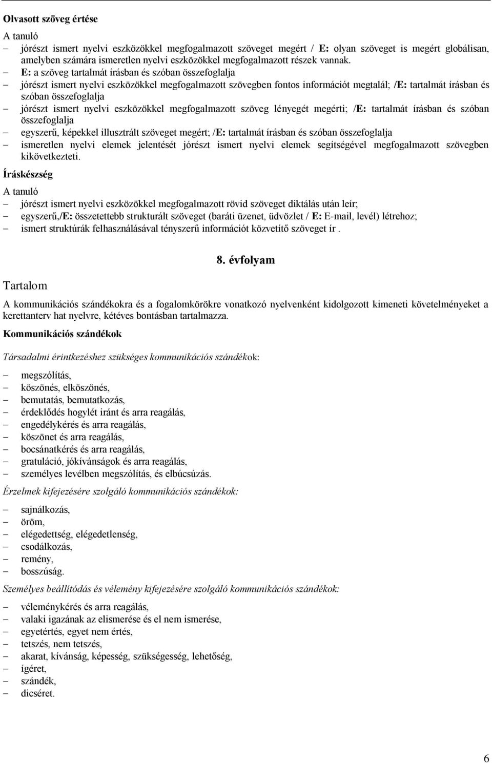 E: a szöveg tartalmát írásban és szóban összefoglalja jórészt ismert nyelvi eszközökkel megfogalmazott szövegben fontos információt megtalál; /E: tartalmát írásban és szóban összefoglalja jórészt