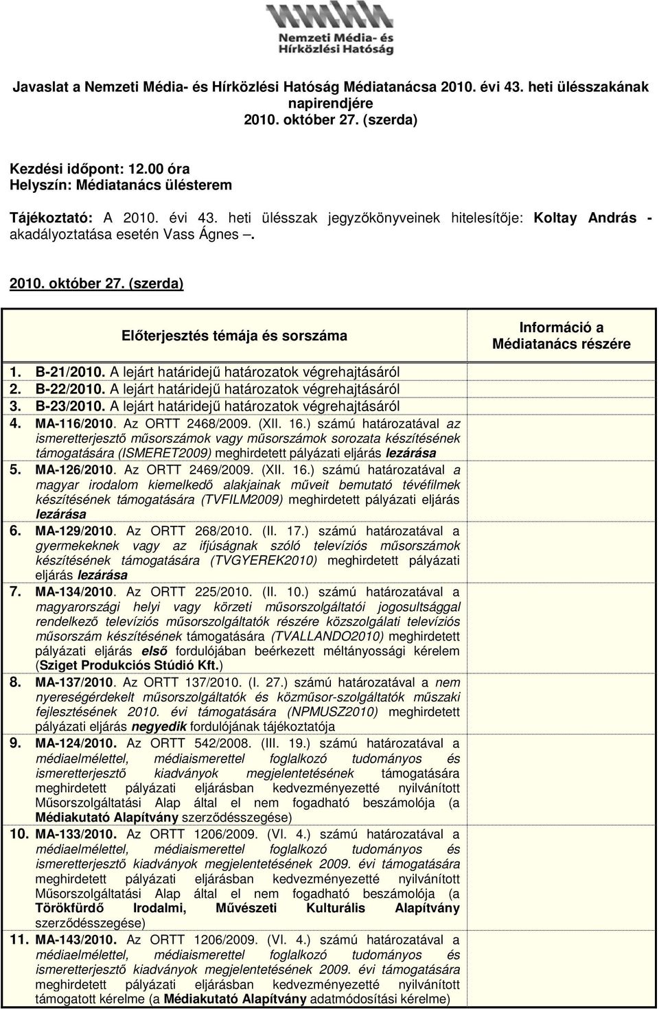 (szerda) Előterjesztés témája és sorszáma Információ a Médiatanács részére 1. B-21/2010. A lejárt határidejű határozatok végrehajtásáról 2. B-22/2010.