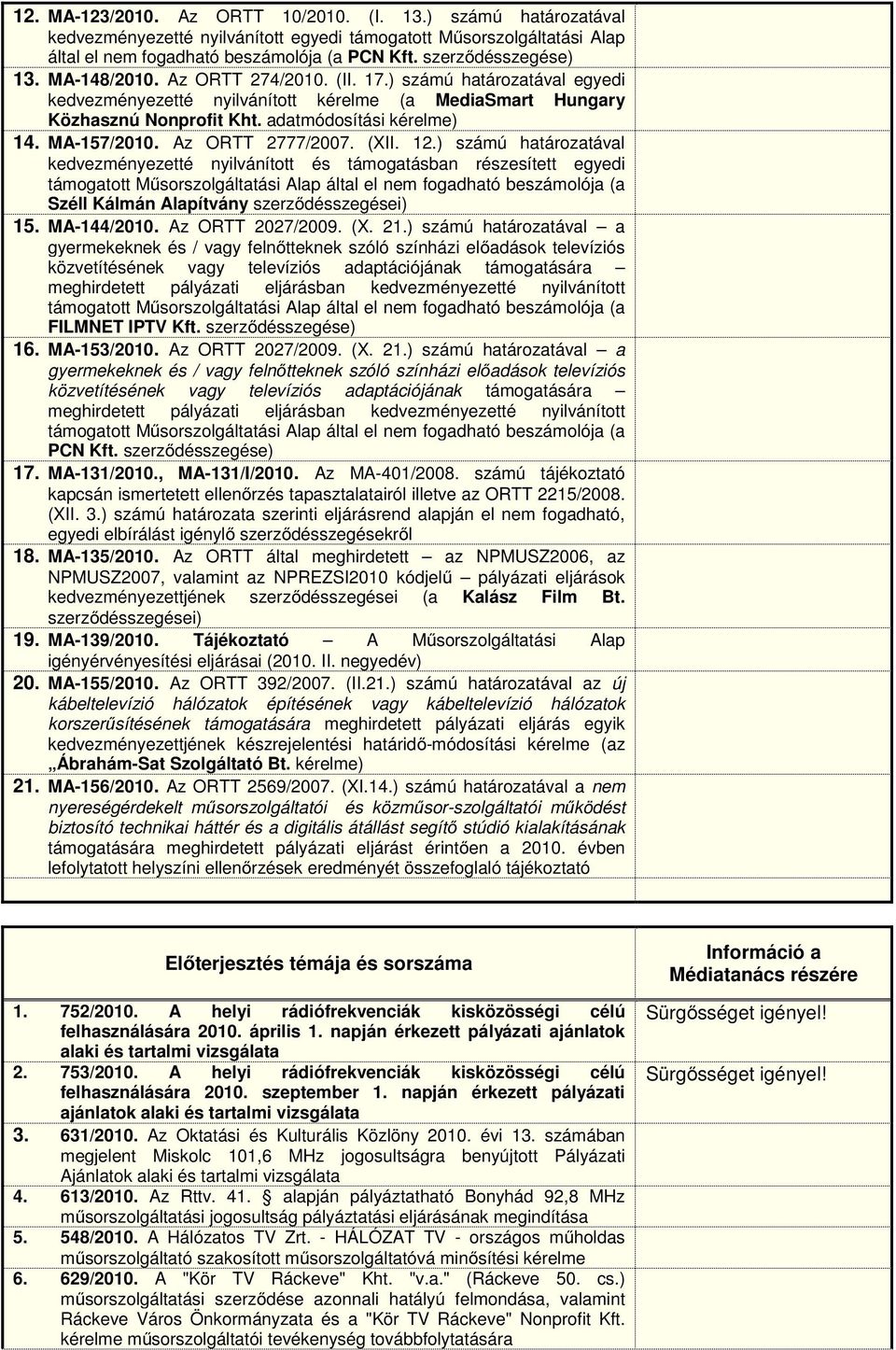 adatmódosítási kérelme) 14. MA-157/2010. Az ORTT 2777/2007. (XII. 12.