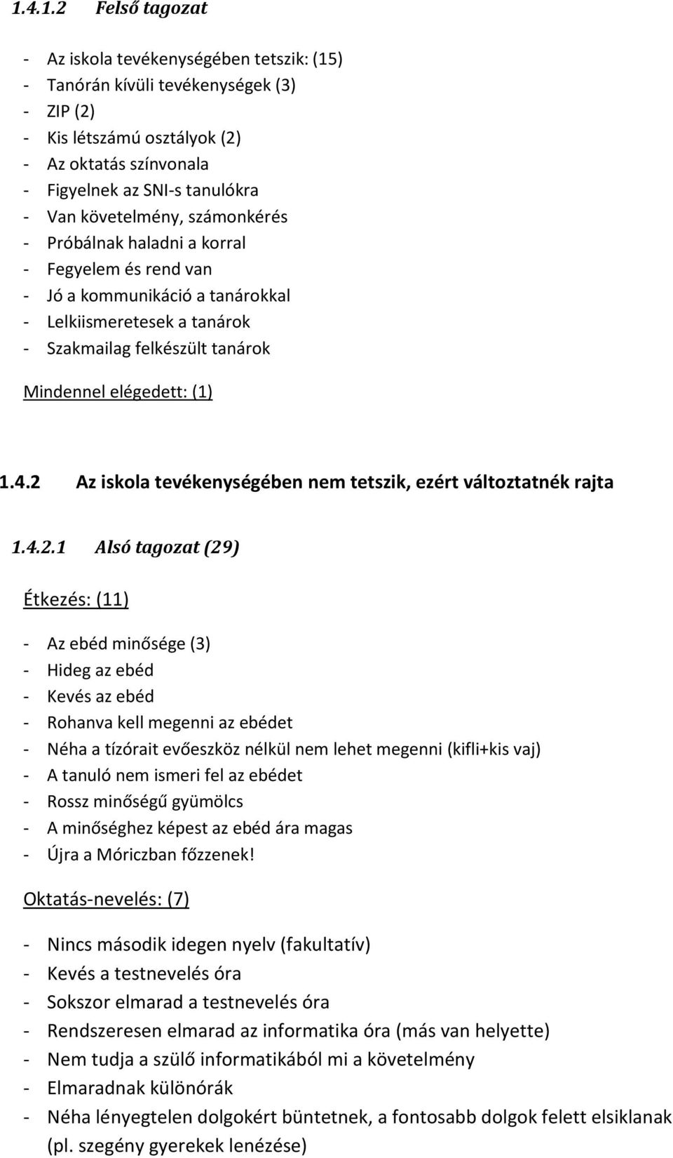 2 Az iskola tevékenységében nem tetszik, ezért változtatnék rajta 1.4.2.1 Alsó tagozat (29) Étkezés: (11) - Az ebéd minősége (3) - Hideg az ebéd - Kevés az ebéd - Rohanva kell megenni az ebédet -