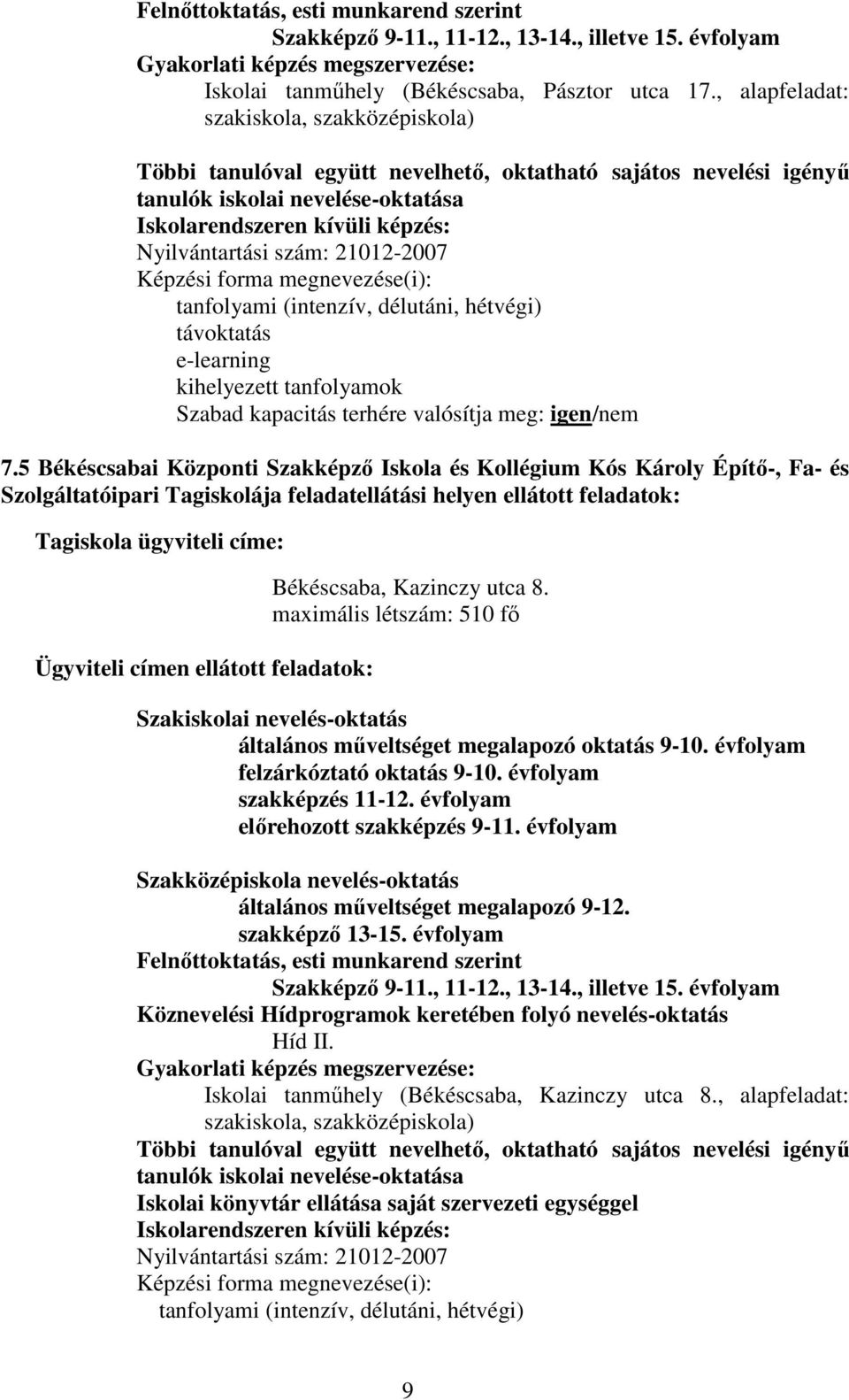 21012-2007 Képzési forma megnevezése(i): tanfolyami (intenzív, délutáni, hétvégi) távoktatás e-learning kihelyezett tanfolyamok Szabad kapacitás terhére valósítja meg: igen/nem 7.