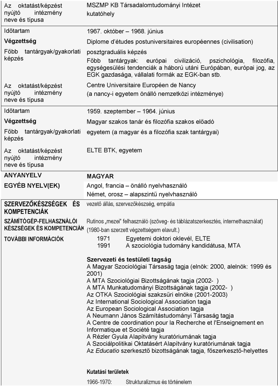 európai jog, az EGK gazdasága, vállalati formák az EGK-ban stb. Centre Universitaire Européen de Nancy (a nancy-i egyetem önálló nemzetközi intézménye) 1959. szeptember 1964.