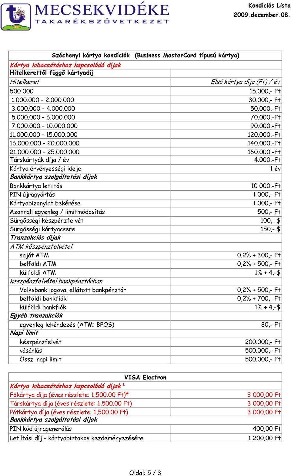 000,-Ft Kártya érvényességi ideje Bankkártya letiltás PIN újragyártás Kártyabizonylat bekérése Azonnali egyenleg / limitmódosítás 1 év 10 000,-Ft 1 000,- Ft 1 000,- Ft 500,- Ft Sürgősségi