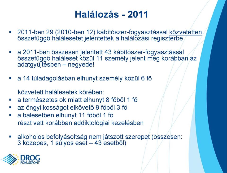 a 14 túladagolásban elhunyt személy közül 6 fő közvetett halálesetek körében: a természetes ok miatt elhunyt 8 főből 1 fő az öngyilkosságot elkövető 9