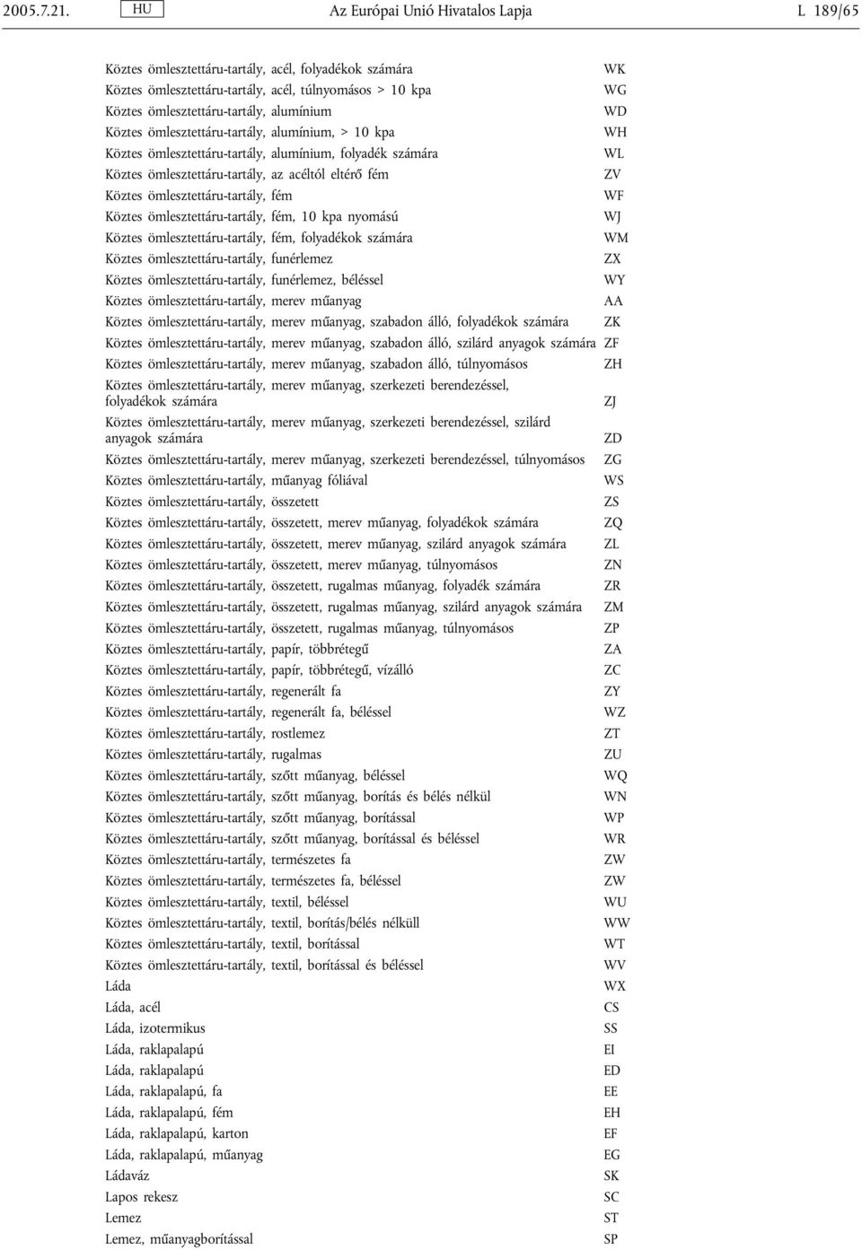 WD Köztes ömlesztettáru-tartály, alumínium, > 10 kpa WH Köztes ömlesztettáru-tartály, alumínium, folyadék számára WL Köztes ömlesztettáru-tartály, az acéltól eltérő fém ZV Köztes