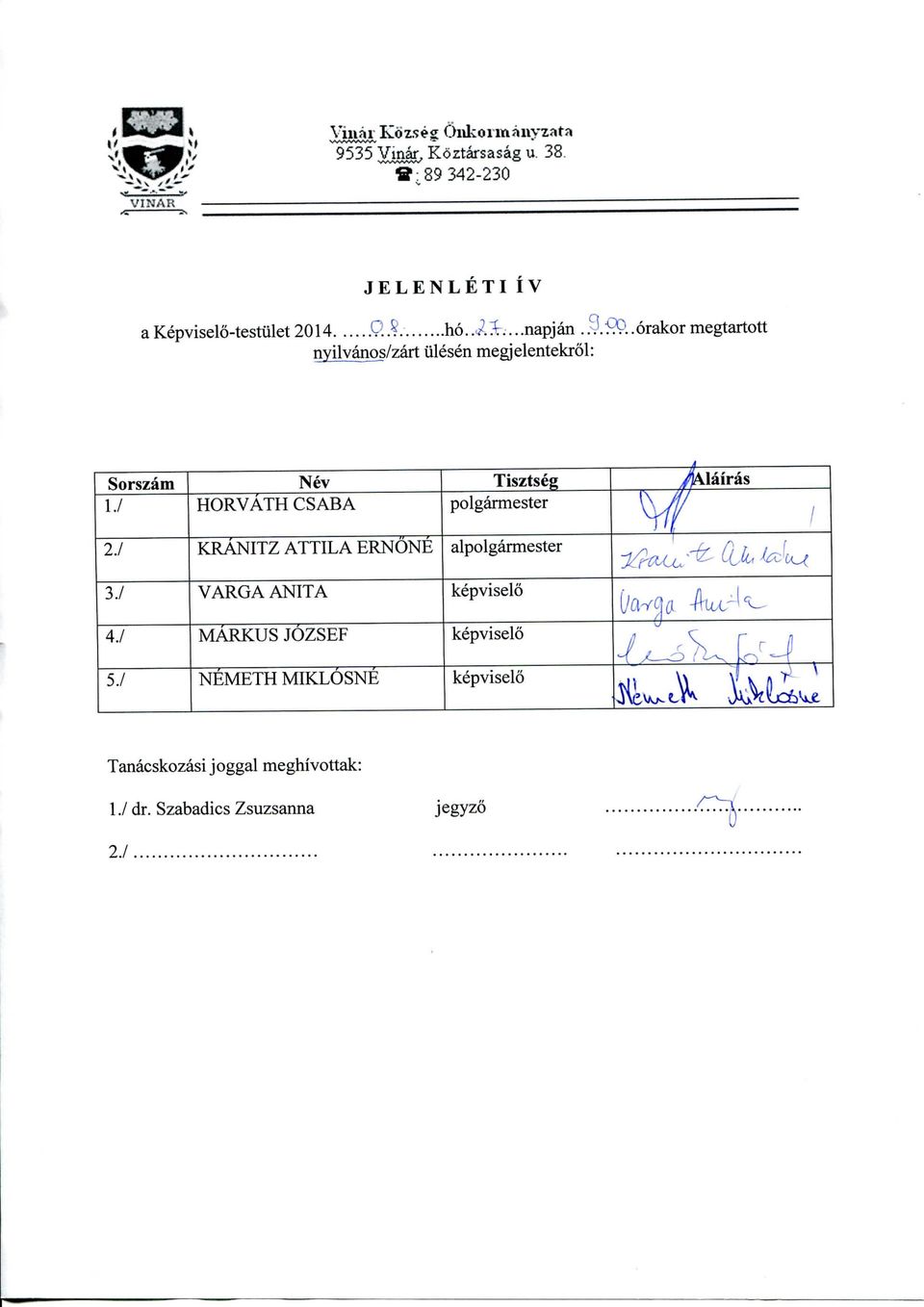 1 Nev HORVATH CSABA KRANITZ ATTILA ERNONE Tisztseg polgarmester alpolgarmester flairas ; 3.1 4./ 5.