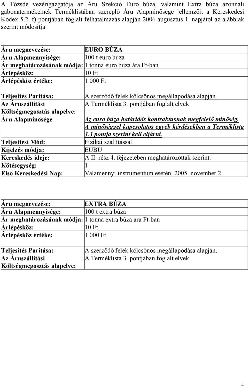 napjától az alábbiak szerint módosítja: Áru megnevezése: EURO BÚZA Áru Alapmennyisége: 100 t euro búza Ár meghatározásának módja: 1 tonna euro búza ára Ft-ban Árlépésköz: 10 Ft Árlépésköz értéke: 1