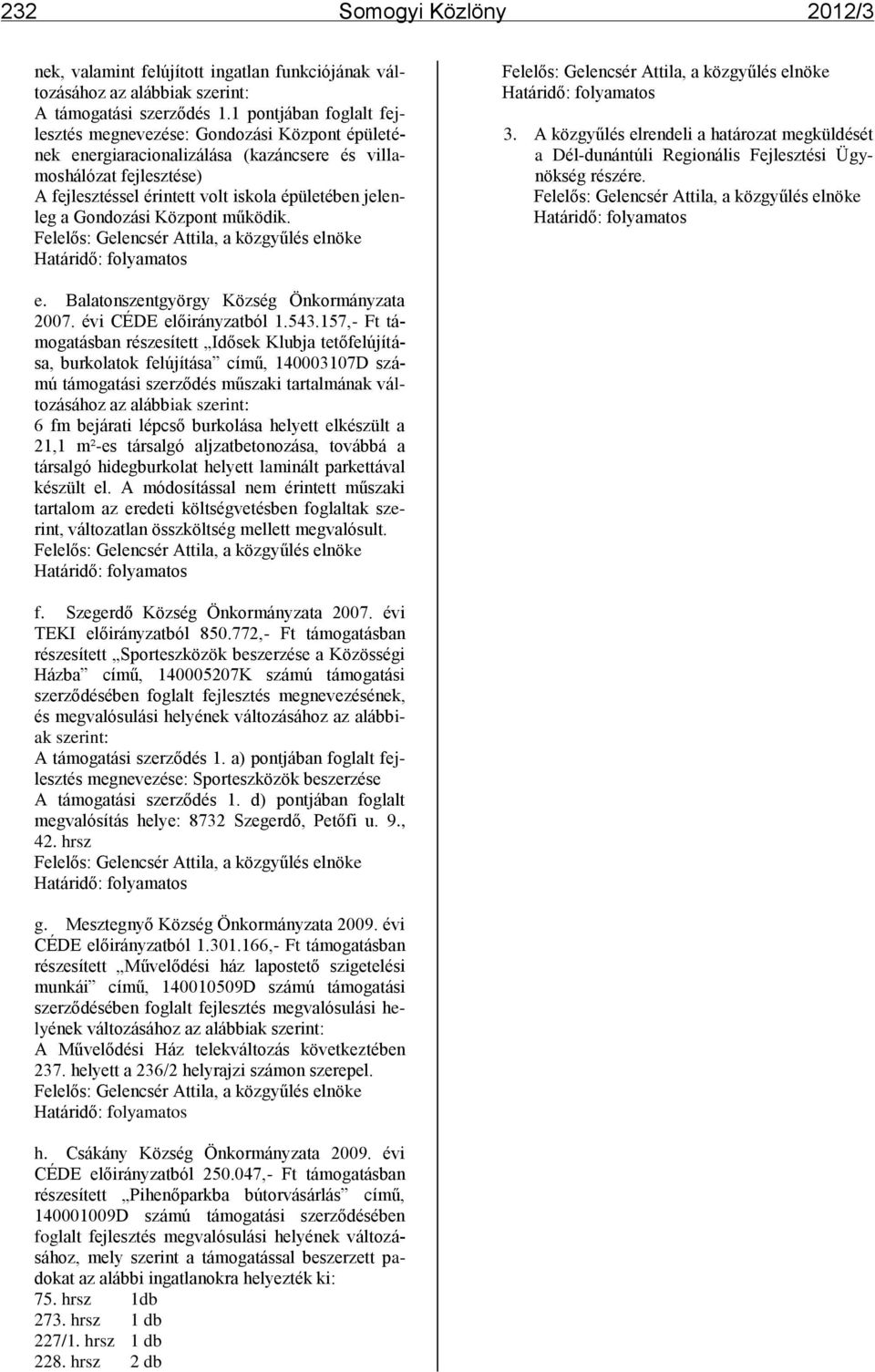Gondozási Központ működik. Felelős: Gelencsér Attila, a közgyűlés elnöke Határidő: folyamatos Felelős: Gelencsér Attila, a közgyűlés elnöke Határidő: folyamatos 3.