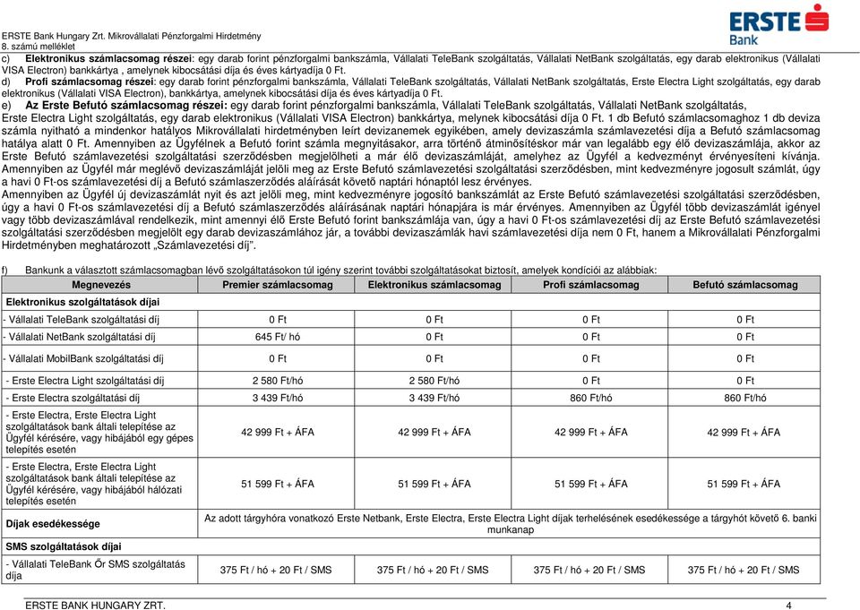 d) Profi számlacsomag részei: egy darab forint pénzforgalmi bankszámla, Vállalati TeleBank szolgáltatás, Vállalati NetBank szolgáltatás, Erste Electra Light szolgáltatás, egy darab elektronikus